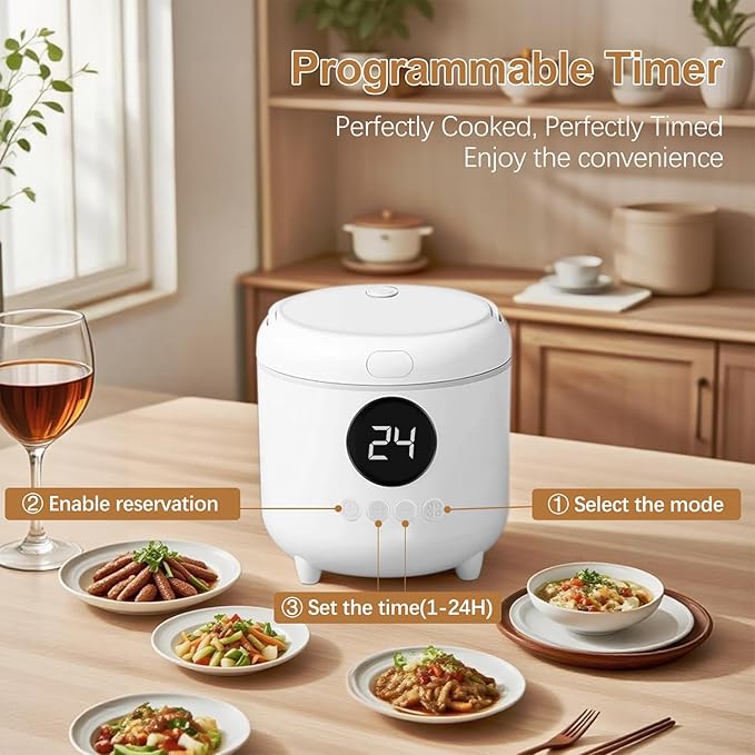 Small Rice Cooker, 2-Cups Uncooked/4-Cups Cooked with Handle, 6 Intelligent Cooking Modes for White Rice, Quinoa, Oatmeal - with Nonstick Inner Pot, Measuring Cup & Serving Spoon, 1.6L Capacity
