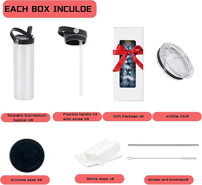 8 Pack 20oz Sublimation Tumblers, Flat Edge Sublimation Tumbler, Skinny Straight Sublimation Tumbler with 2 lids,SS straws,Brush and Individual Box (8, 20OZ HANDLE A)