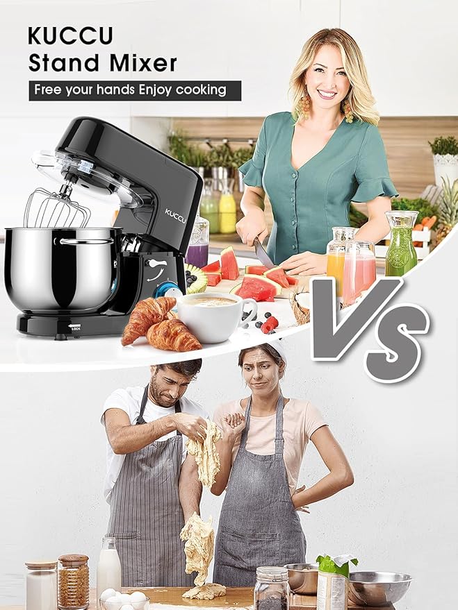 9.5 QT Double Handle KUCCU Stand Mixer, 6 Speed with Pulse Electric Kitchen Mixer, 660W Tilt-Head Food Mixer with Dishwasher-Safe Dough Hook, Flat Beater, Whisk, Splash Guard for home baking (Black)