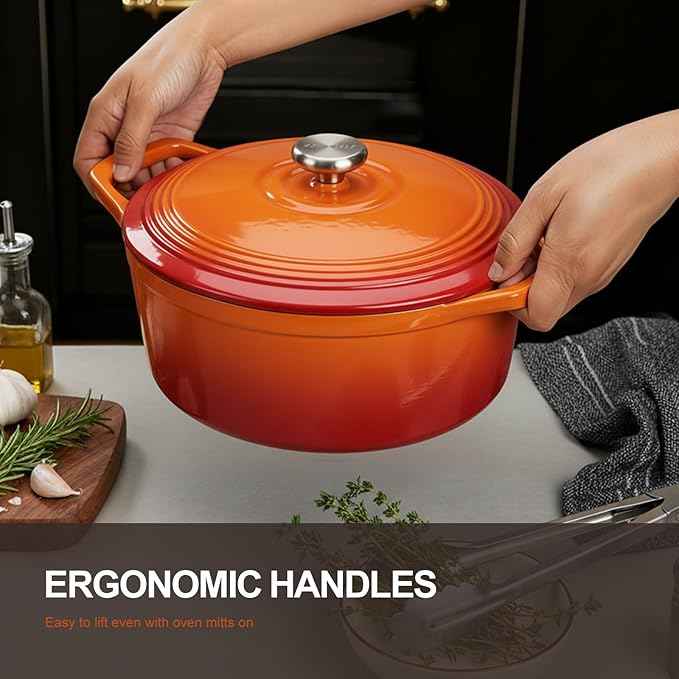 Overmont Refined Enameled Cast Iron Dutch Oven - 5.5QT Pot with Wide Handles Lid Cookbook & Cotton Potholders - Heavy-Duty Pre-Seasoned Cookware Oven Safe to 500°F for Braising, Stews, Roasting, Bread Baking