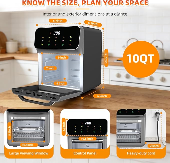 10 IN 1 Air Fryer Oven Combo, Countertop Convection Airfryer, Oven with Toaster Clear View Window for Family, 60-Minute Timer, Digital LED Touchscreen, Automatic Shut-Off, Stainless Steel