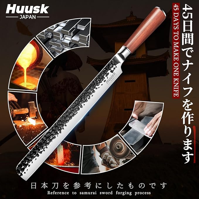 Huusk Brisket Slicing Knife 12", Hand-forged Carving Knife for Meat Cutting, High Carbon Steel Brisket Trimming Knives, Japanese Meat Slicing Knives for Turkey BBQ, Gifts Idea for Men & Women