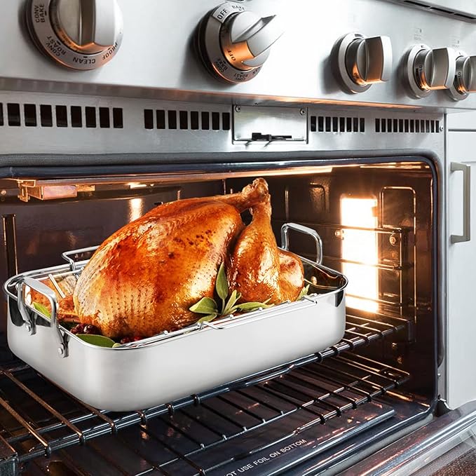 JY COOKMENT Roasting Pan with Baking Rack, 16.5 Inch Stainless Steel Turkey Roaster with Rack, Baster. Great for Turkey, Chicken, Ham, Vegetables