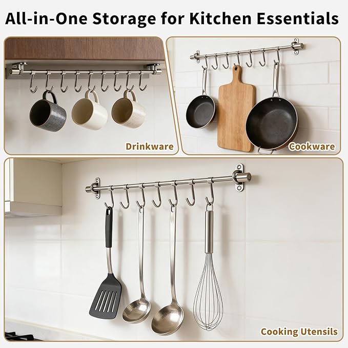 15.7" Kitchen Utensil Rack with Adjustable Holes - 7 Sliding Hooks 304 Stainless Steel, Pots and Pans Hanging Rack Wall Mounted 2 Pack
