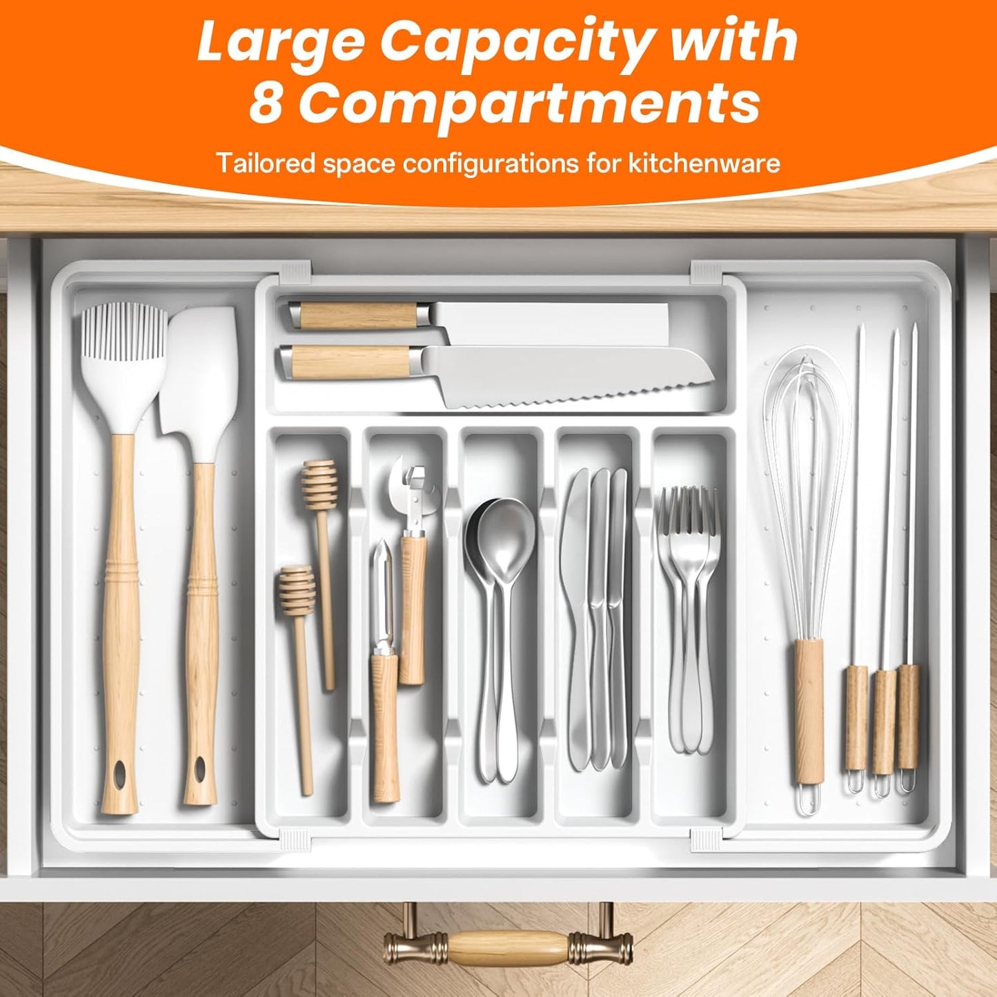 Large Silverware Organizer,Expandable Utensil Drawer Organizer,BPA Free Utensil Holder,Adjustable Silverware Tray Cutlery Drawer Organizer for Kitchen Flatware,Large,White,2 Pack