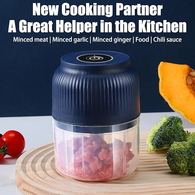 Electric Garlic Chopper, Rechargeable Cordless, Mini Portable Veggie Chopper with 2 Blades And Usb, Electric Garlic Masher for Mashing Onion Garlic Chili Ginger Fruits(Blue)