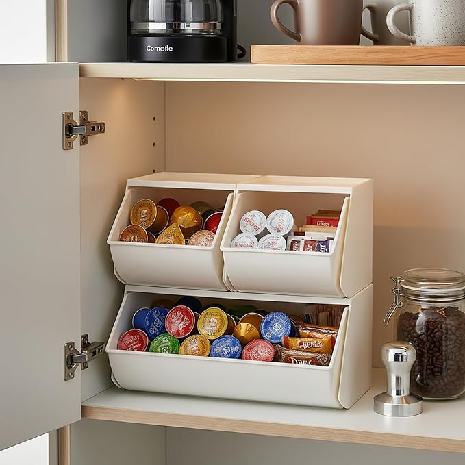 3 Pack Coffee Pod Holder for Kitchen Counter, Plastic Storage Organizer Box for Office Desktop, Large Tea Bags Basket ( Cream )