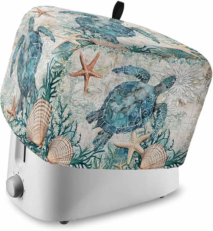 Teal Sea Turtle Toaster Cover 2 Slice, Coastal Coral Ocean Dustproof Bakeware Oven Protector with Top Hook, Nautical Vintage Waterproof Small Kitchen Appliance Toasters Dust Cover, 12"x7.5"x8"