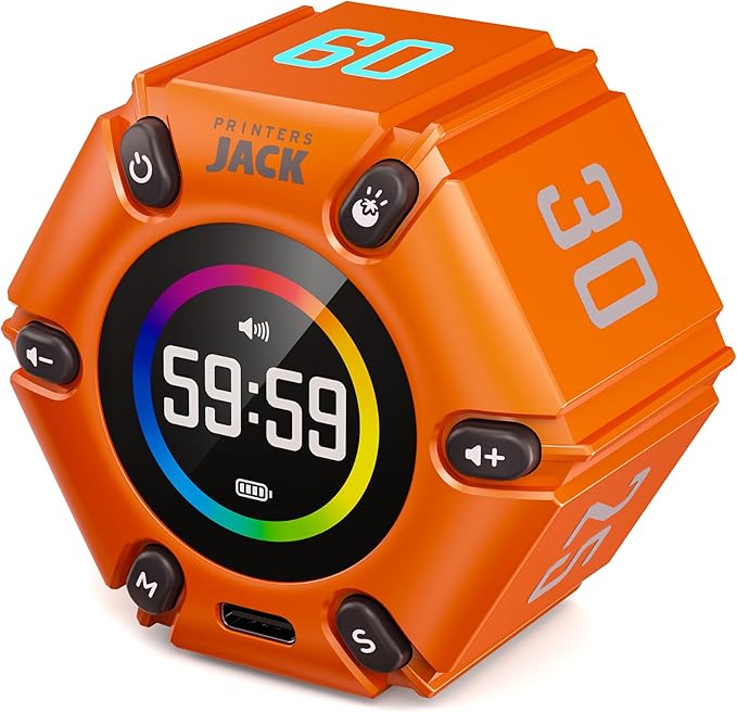 Printers Jack, Productivity Cube Timer, Visual Pomodoro Timer, Mute & Vibration & Adjustable Sound Alert, for Office, ADHD, Study, Work, 3/5/10/25/30/60min & Custom Countdown - Orange