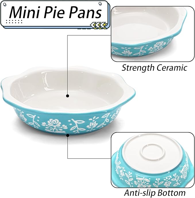 Bekith 4 Pack Ceramic Mini Pie Pans, 6 Inches Fluted Dish Pie Plate, Nonstick Small Quiche Baking Dish Mini Tart Pan, Microwave & Oven Safe
