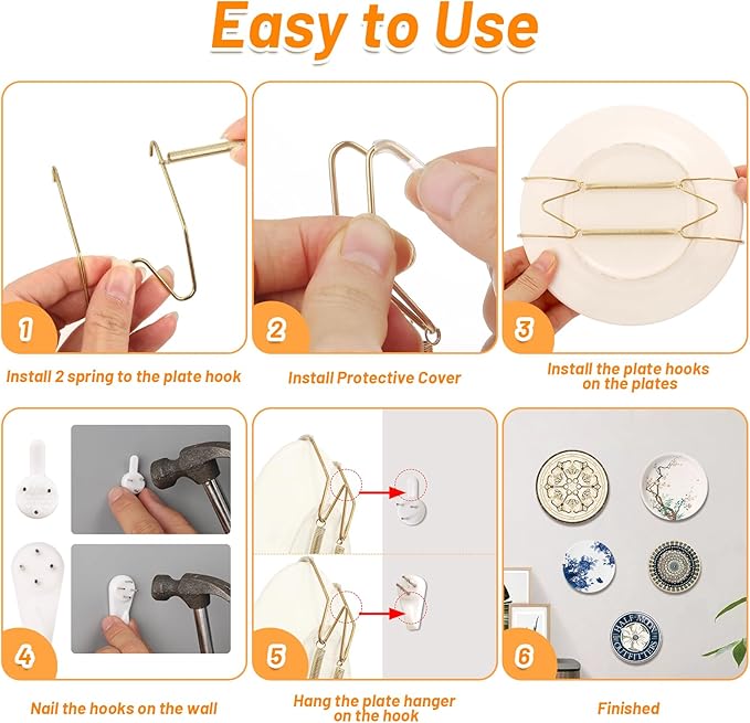 14 Pcs Invisible Plate Hangers for The Wall - 4/6/8/10 Inch Stainless Steel Decorative Plate Holers for Display, Artwork & Home Decor (Includes 14 Wall Hooks & 56 Tip Protectors & Guide)