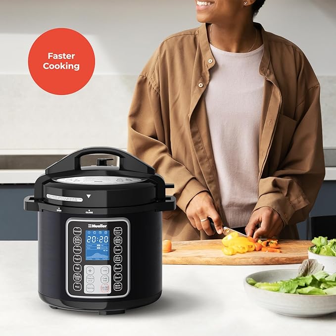 Mueller 6 Quart Pressure Cooker 10 in 1, Cook 2 Dishes at Once, Tempered Glass Lid incl, Saute, Slow Cooker, Rice Cooker, Yogurt Maker and Much More
