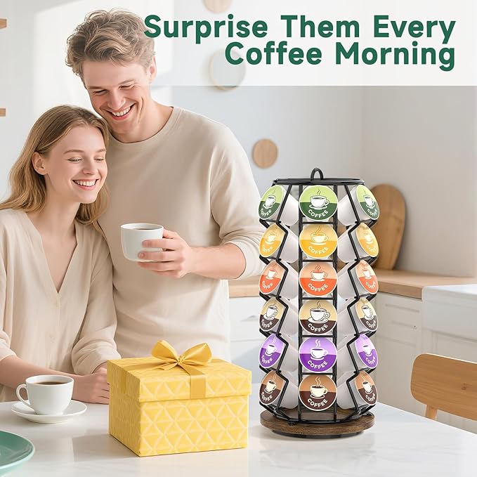 EsLuker.ly K Cup Coffee Pod Holder Organizer Carousel for Counter, Rotating Metal Rack Stand Small for 36 Pods Home Office Kitchen Storage, No Assembly Required, Black