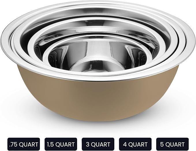 WHYSKO Stainless Steel Mixing Bowl Set, 10 Piece Stainless Steel Mixing Bowls with Lids Set for Food Prep Storage and Serving, Dishwasher Safe for Kitchen Baking Cooking, Khaki