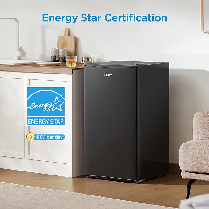 Midea MERM33S1ABB Mini Fridge, 3.3 Cu.ft Compact Fridge with Internal Light, Adjustable Thermostat, Reversible Door, Low Noise for Dorm, Office, Bedroom Black