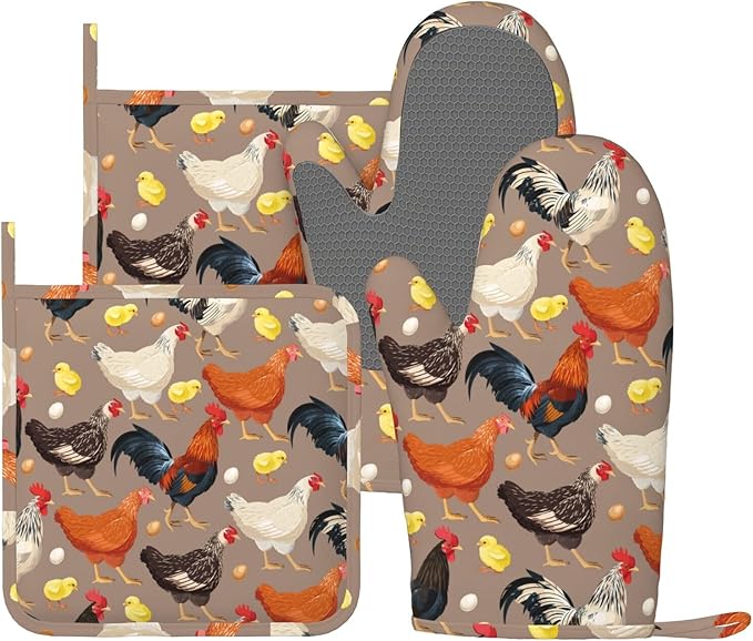 Fun Hen Chicken Rooster Oven Mitts and Pot Holders Set of 4 Silicone Heat Resistant Oven Mitten Potholders Non Slip Gloves Kitchen Decor for BBQ Cooking Grilling Baking