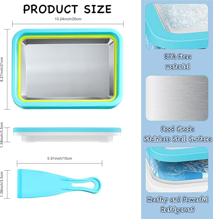 Mini Rolled Ice Cream Maker, Frozen Yogurt Rolls Tray, Instant Cold Plate Ice Cream Maker, Homemade DIY Smoothies, Ideal for Family Activities, Lake Blue