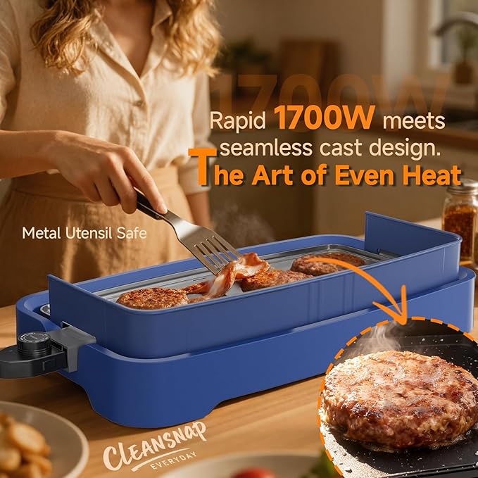 Cleansnap Everyday Electric Griddle,The Ultimate Gift for Family Feasts - 20” Nonstick Grill with Foldable Anti-Mess Shield, Rapid 1700W Heat&PPG Ceramic Coating, Dishwasher Safe, Ocean Blue