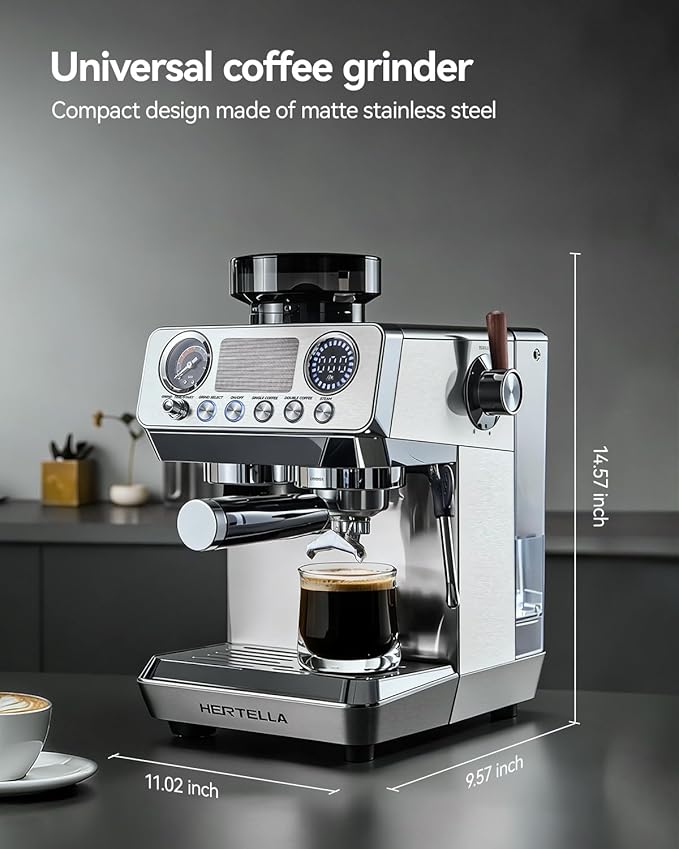 HERTELLA Espresso Machines with Burr Grinder, 20 Bar Visual Pressure Gauge, Milk Frother Steam Wand, Stainless Steel, 4 Temperature Modes (Hot and Cold Brew)，Automatic Pressure Release Function