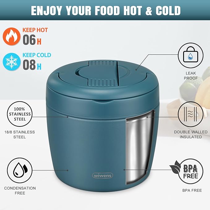 wiwens Thermo Food Jar for Hot Food Adults 32OZ Soup Thermo Lunch Containers Wide Mouth Vacuum Insulated Stainless Steel Leakproof Bento Box with Spoon (lake blue)