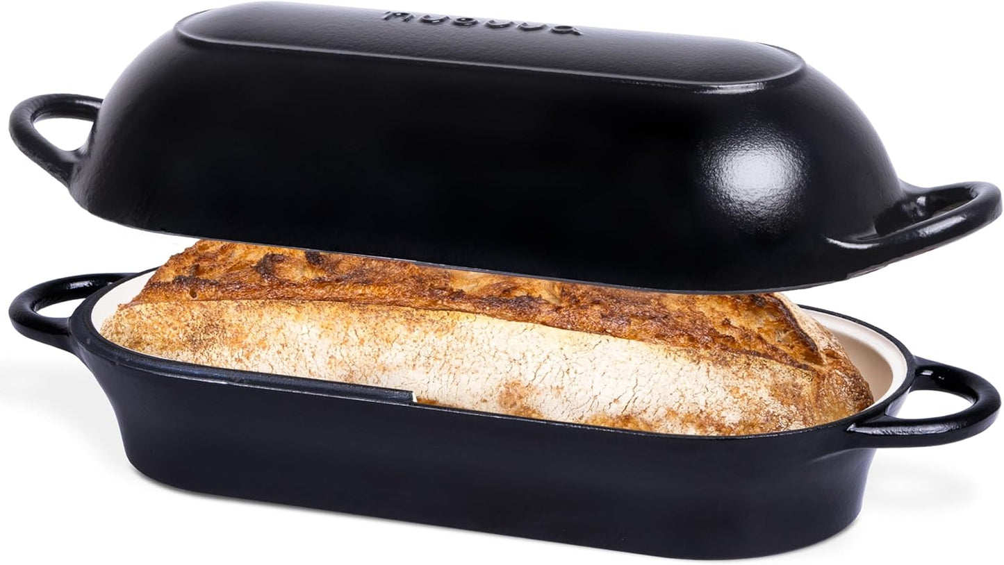 Enamelled Cast Iron Bread Loaf Pot – Dutch Oven For Sourdough Bread Baking – Oven Safe Non Stick Bread Pot – Rectangular, Black, 34cm x 16cm – by Nuovva