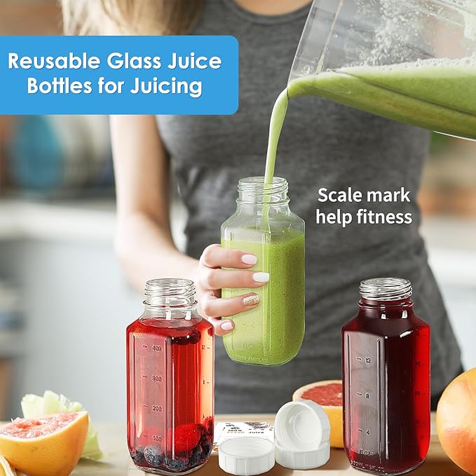 8 Pack 16 Oz Reusable Glass Milk Bottles w 100% Airtight Heavy Duty SCREW Lid & 2 Pour Spouts - Glass Juice Bottles w Capacity Mark - Beverage Drinking Jar Juice Container Breast Milk(Extra 2 Lids)