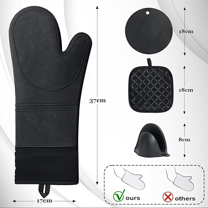 8PCS Oven Mitts and Pot Holders Sets - 480°F Heat Resistant Pot Holders and Oven Mitts, 14.5" Extra Long Silicone Oven Mitts for Cooking, Non-Slip Oven Mitt with Soft Cotton Lining, Black
