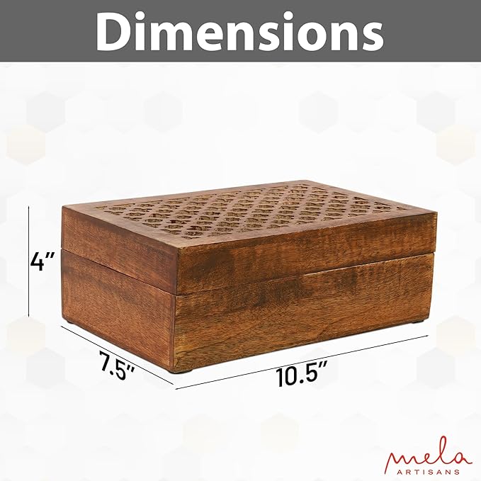 Mela Artisans Extra Large Wooden Keepsake Box | Medium Polish Memory box, Handcrafted Decorative Storage chest for Jewelry, Photos & Trinkets | Vintage Style storage Box | Trellis Design |10.5x7.5x4’’