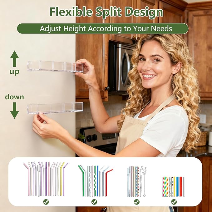 Acrylic Straw Holder for Cabinet Door - Reusable Tumbler Straw Organizer Storage, Small Kitchen Accessories Container, Ultra Sticky Cupboard Door Mounted (Transparent, Large 9.5" (Most Cabinets))