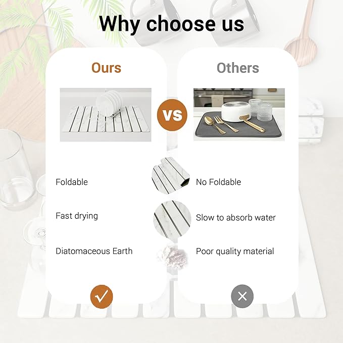 HavenMat – Large Stone Dish Drying Mat (24”x16”) with Bamboo Rack & Brush | Quick-Dry Diatomite Counter Mat for Dishes, Glassware, Plants & Pets | Grey Kitchen Drying Stone (Marble)
