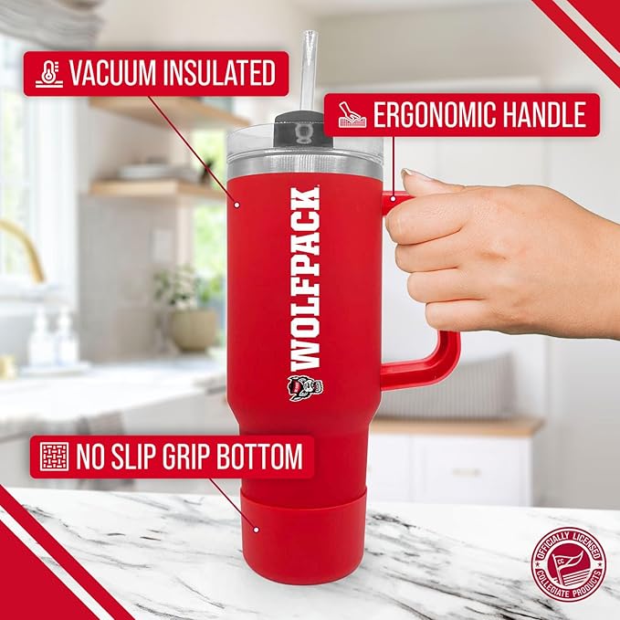 Campus Colors College & University 40 oz Travel Tumbler With Handle - Dual Option Lid With Straw - Vacuum Insulated Stainless Steel (NC State Wolfpack - Red)