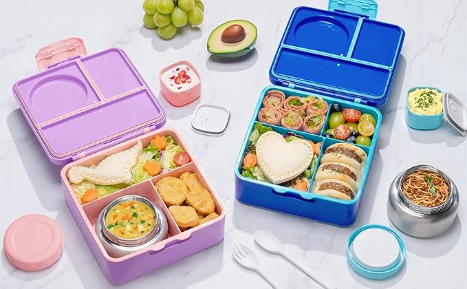 Fimibuke Bento lunch Box Set for Kids Adult with 8oz Thermos Food Jar, Insulated Lunch Bag &Sauce Cup, Leakproof Dishwasher Safe Toddler Lunch Food Container with 3-4 Compartment for School Girls Boys