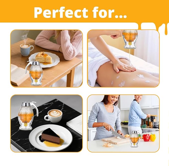 Glass Honey Dispenser 8 Ounces - Drip-Free Honey Jar With Glass Stand, Kitchen Leak-Proof Syrup Dispenser, Elegant Honeycomb Design For Storing Honey, Maple Syrup And Coffee Syrup