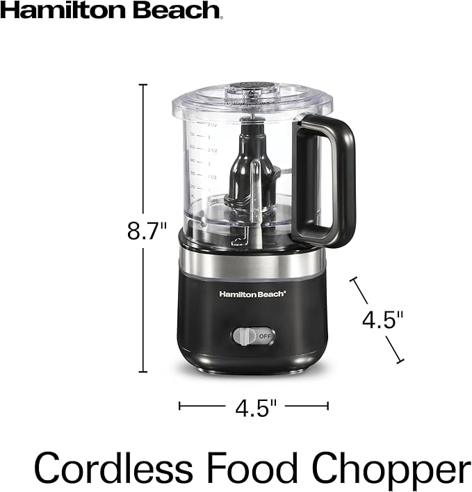 Hamilton Beach Powerful Cordless Mini Food Processor and Vegetable Chopper, 4 Cup Capacity, Fast Recharging, Includes Power Adapter, Chop, Puree, Emulsify, Grind, Dishwasher Safe Bowl, Black (72880)