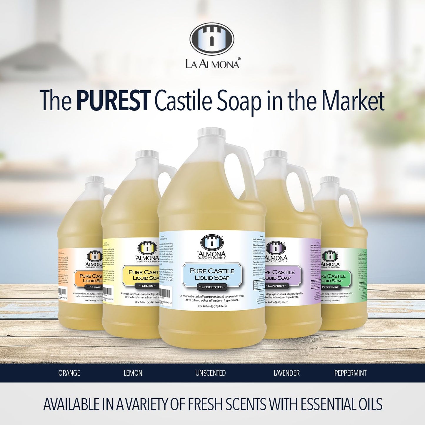 Pure Castile Liquid Soap, PEPPERMINT, 1 Gallon - Multipurpose: Hands, Face, Body, Laundry, Dishes & More - For Sensitive Skin, Natural Ingredients, Scented with Essential Oils
