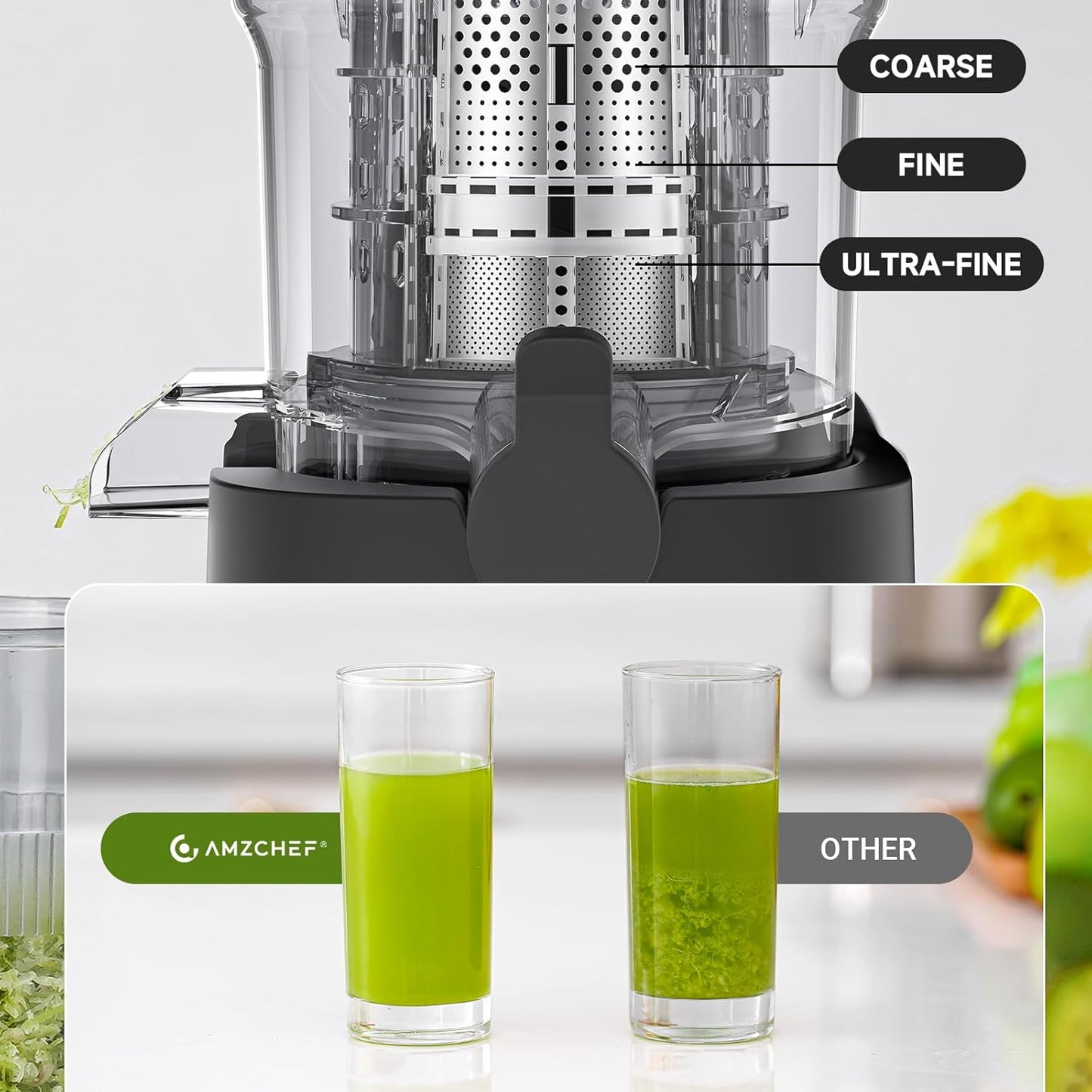 AMZCHEF Cold Press Juicer, 5.4" Juicer Machines with Large Feed Chute for Whole Fruits & Vegetables, Stainless Steel Juice Extractor with Large Auger, Triple Strainers, Easy Cleanup & Assembly
