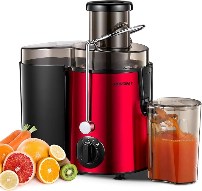 Juicer Machine, HOUSNAT Centrifugal Juicer 400 W Motor, 65MM Wide Chute for Whole Fruit and Vegetables, Juice Extractor with 3 Speeds, Upgraded Version Quick Juicing, Easy to Clean, BPA Free, Red
