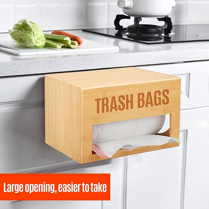 Extra-Large Top-Loading Garbage Bag Holder Dispenser, Bamboo Trash Bag Organizer for Costco-Sized 13-33 Gallon Jumbo Rolls, Under-Sink, Wall-Mounted Storage for Kitchen & Garage
