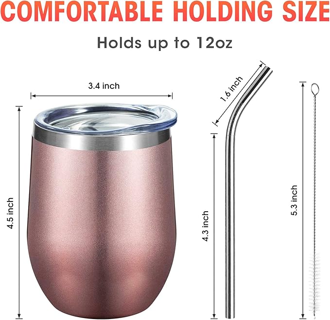 COMOOO Rose Gold Wine Tumbler 12oz Insulated Wine Cup 4 Pack with Lid and Straw Stainless Steel Wine Glass Tumbler Coffee, Wine, Champagne, Cocktails, Rose Gold