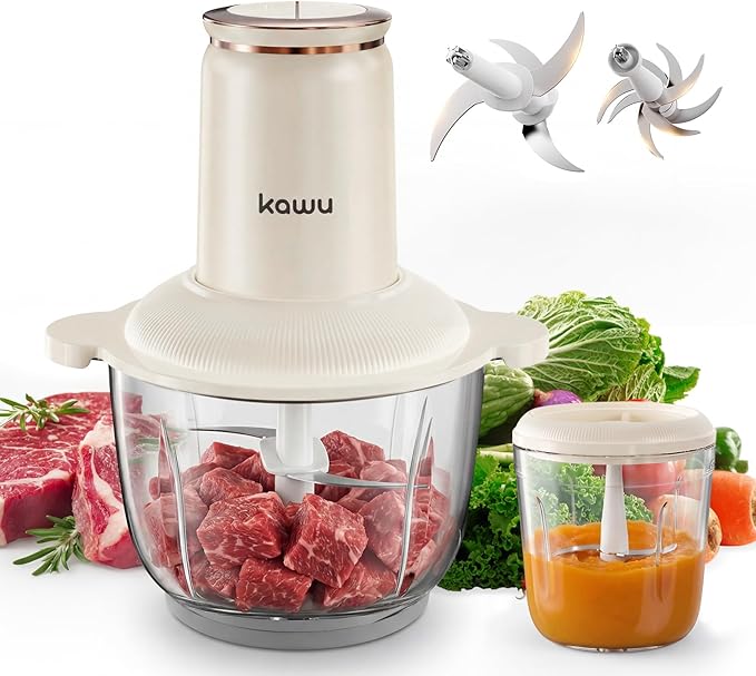 Kawu Electric Food Processor & Meat Grinder, 8 Cup (2L)+0.3L Glass Bowls, 2 Speeds with Stainless Steel Blades, 300W Mini Vegetable Chopper Food Blender for Home Kitchen