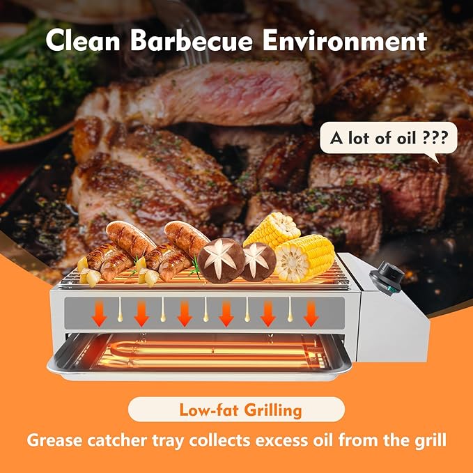 1800W Countertop Electric BBQ Grill Commercial and Home use Stainless Steel Barbecue Griddle Smokeless Portable Cooking Oven for Indoor Outdoor Picnic 122° F to 572°F for Burgers, Fish, Steak