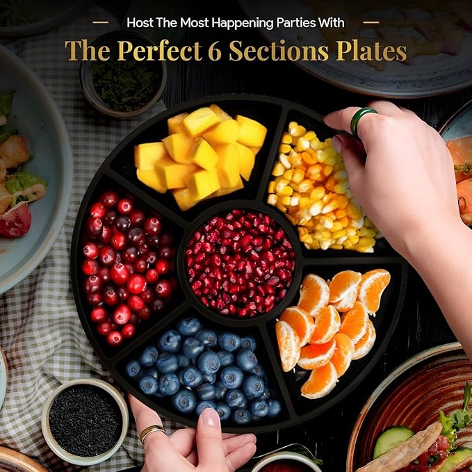 R-kay 4 Pack, 6 Sectional Black Plastic Serving Trays for Party - Heavy Duty Party Trays for Serving Food - 12 Inch Platters