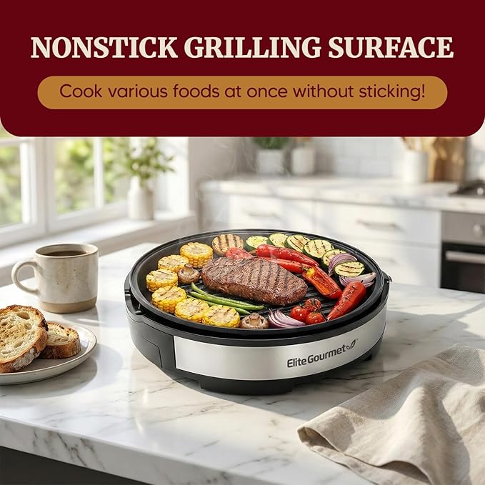 Elite Gourmet EMG6505G 12" Smokeless Indoor Electric BBQ Grill with Glass Lid Dishwasher Safe, Nonstick, Adjustable Temperature, Fast Heat Up, Low-Fat Meals Easy to Clean Design