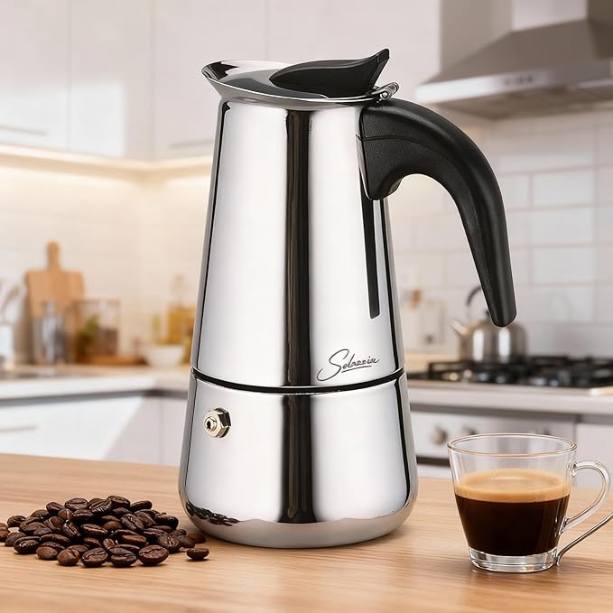 Espresso Maker 6 Cup Moka Pot Stainless Steel Percolator coffee pot, Compatible with Gas, Electric, Ceramic, and Induction stovetops(10 fl oz/300 ml)