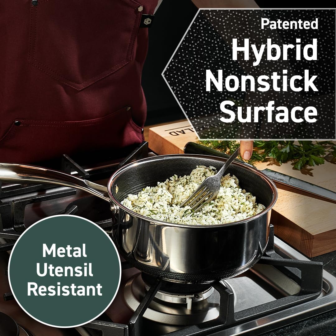 HexClad Hybrid Nonstick 2-Quart Saucepan with Tempered Glass Lid, Stay-Cool Handle, Dishwasher-Friendly, Oven-Safe Up to 900°F, Induction Ready, Compatible with All Cooktops