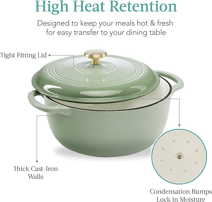 Best Choice Products 6 Quart Enamel Cast-Iron Round Dutch Oven, Family Style Heavy-Duty Pre-Seasoned Cookware for Home, Kitchen, Dining Room, Oven Safe w/Lid, Dual Handles - Sage Green