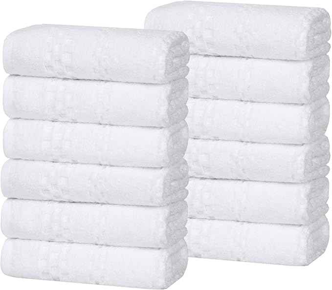 Superior Playa Zero Twist Cotton Medium Weight Small Towels, for Kitchen, Bathroom, Shower, Spa, Plush, Quick Dry, Ultra-Soft Essentials, Waffle Textured, Face Towels Washcloths, Set of 12, White