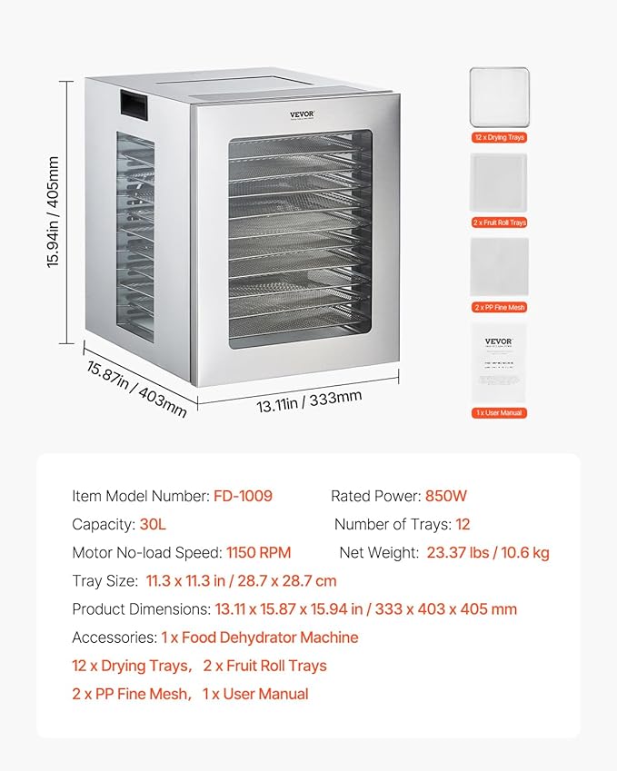 VEVOR Food Dehydrator, 12 Stainless Steel Trays Dehydrators Machine, 850W Food Dryer with Adjustable Temp & 24-Hour Timer, Dehydrator for Food and Jerky, Meat, Fruit, Vegetables, Herbs, Dog Treats