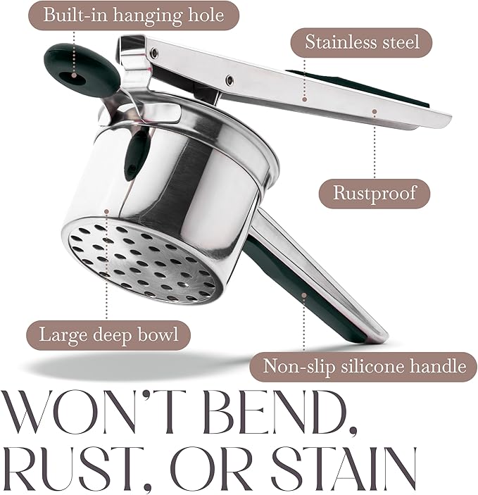 Bellemain 15 oz Large Potato Ricer | Heavy-Duty Stainless Steel Potato Ricer & Masher | Perfect for Mashed Potatoes | Kitchen Tool with 3 Interchangeable Discs (Black)