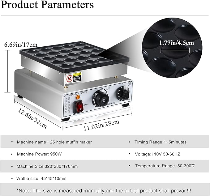 Mini Pancake Maker, 25-Cup Commercial Dutch Pancake Machine, 950W Non-Stick Electric Poffertjes Maker with Temp & Timer for Restaurant, Food Truck, Breakfast Shop